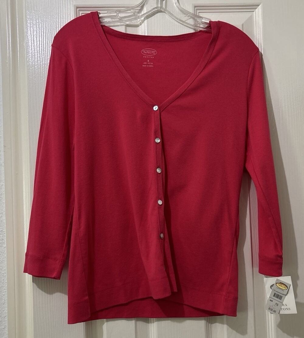 Vintage Talbots Petites Cardigan Size S 3/4 Length Sleeve Cotton Pink NWT NOS